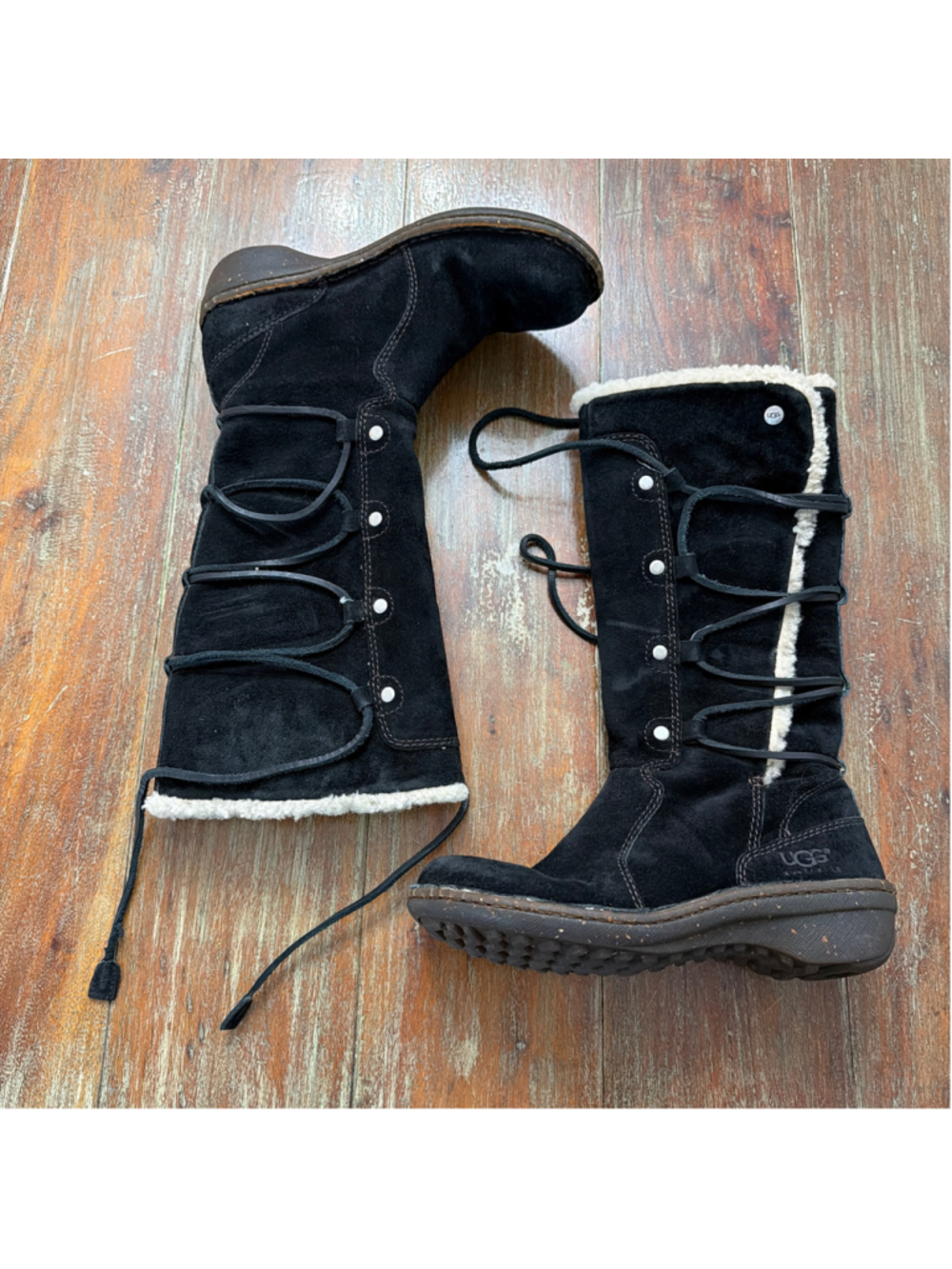 UGG Australia Y2K Surfcat 5158 Black Suede Side Lace Tall Shearling Boots Sz 5